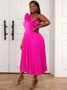 Plus One Shoulder Ruffle Trim Pleated Hem Dress - Hot Pink - View 4