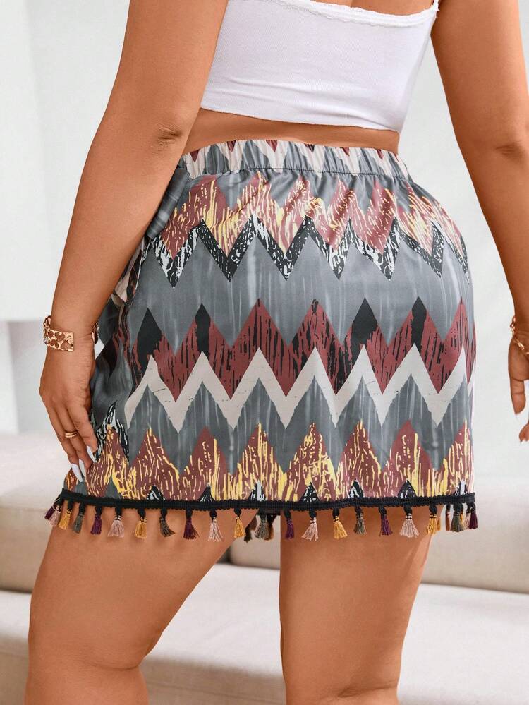 Plus Size Allover Print Knot Front Tassel Hem Summer Holiday Casual Skirt