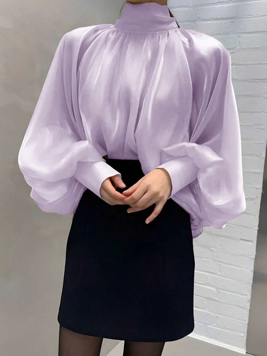 Women's Elegant High Neck Loose Solid Color Lantern Sleeve Long Sleeve Top For Spring And Autumn - 紫色 - 查看 1