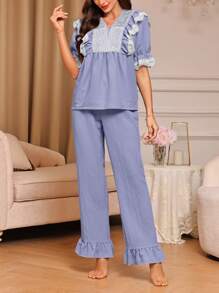 Ladies' Contrast Color Lace Patchwork Ruffle Short Sleeve Top & Solid Color Long Pants Pajama Set