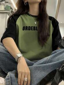 Women's Letter Graphic Color Block Raglan Sleeve T-Shirt