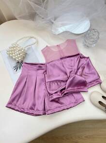 SHEIN 年轻女孩法式时尚撞色网眼无袖上衣和宽松短裤，松紧腰带，适合表演、婚礼、派对、生日、夏季 - 紫色 - 查看 1