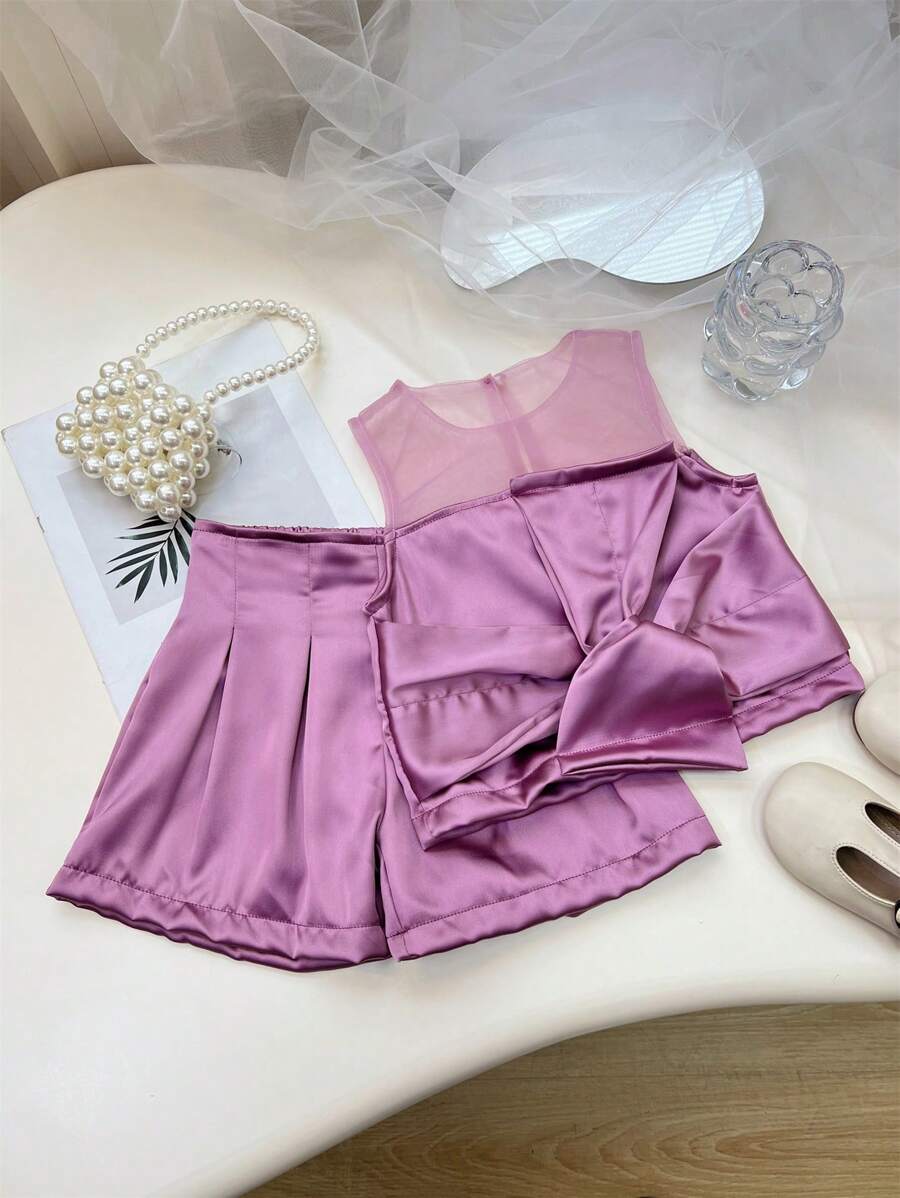SHEIN 年轻女孩法式时尚撞色网眼无袖上衣和宽松短裤，松紧腰带，适合表演、婚礼、派对、生日、夏季 - 紫色 - 查看 1