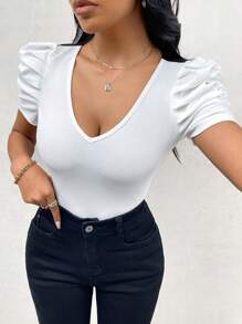 SHEIN Privé Women's Elegant Color Block V-Neck Puff Sleeve T-Shirt With Back Bowknot And Cutout Design, Summer Holiday Fashion - White - View 3