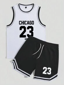 Manfinity Homme Conjunto de camiseta sin mangas y pantalones cortos para hombre con impresión de letras y números, para verano y ocasiones informales - Multicolor - Ver 5