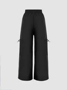 SHEIN X SAMADHI SHEIN Unity 印有字母的反光條紋設計束口口袋貨機褲 - 黑色 - 查看 2