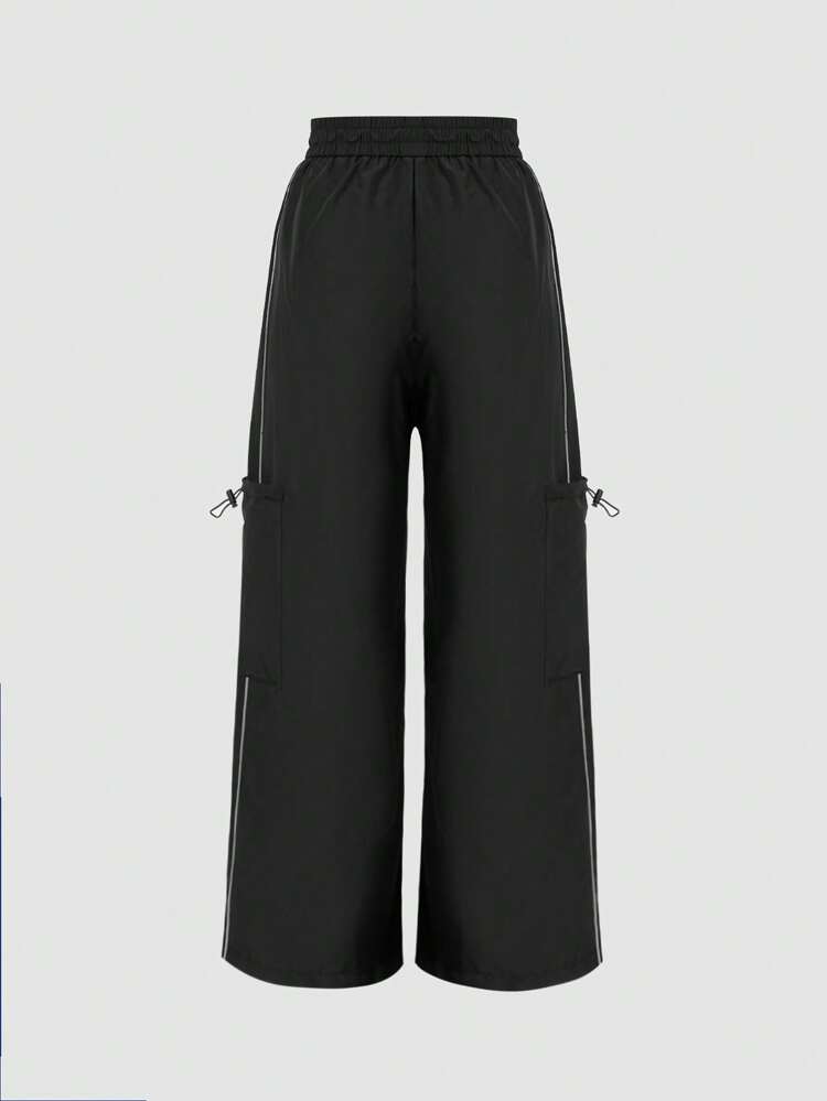 Letter Printed Reflective Stripe Design Drawstring Cargo Pants With Pockets Fall Cloth For Women