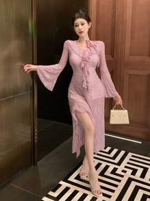 DAZY Flocked Raised Pattern V-Neck Long Sleeve Dress For Women, Autumn Sexy High Slit Dress,Ruffle