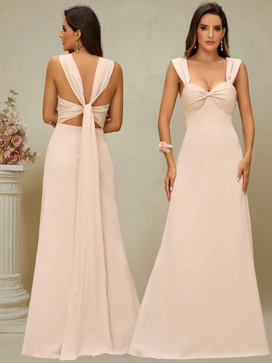 SHEIN Belle 女款優雅卡其色A字型長裙，採用柔軟友善膚質的舒適編織面料製成，配有愛心領口，胸前皺摺和蝴蝶結裝飾，露肩設計，交叉綁帶，適合婚禮、返校季、音樂節、母親節、正式伴娘禮服 - 卡其色 - 查看 1