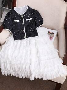 SHEIN 少女色塊波點V領休閒優雅簡約波點短袖上衣和純色裙子套裝 - 彩色 - 查看 1