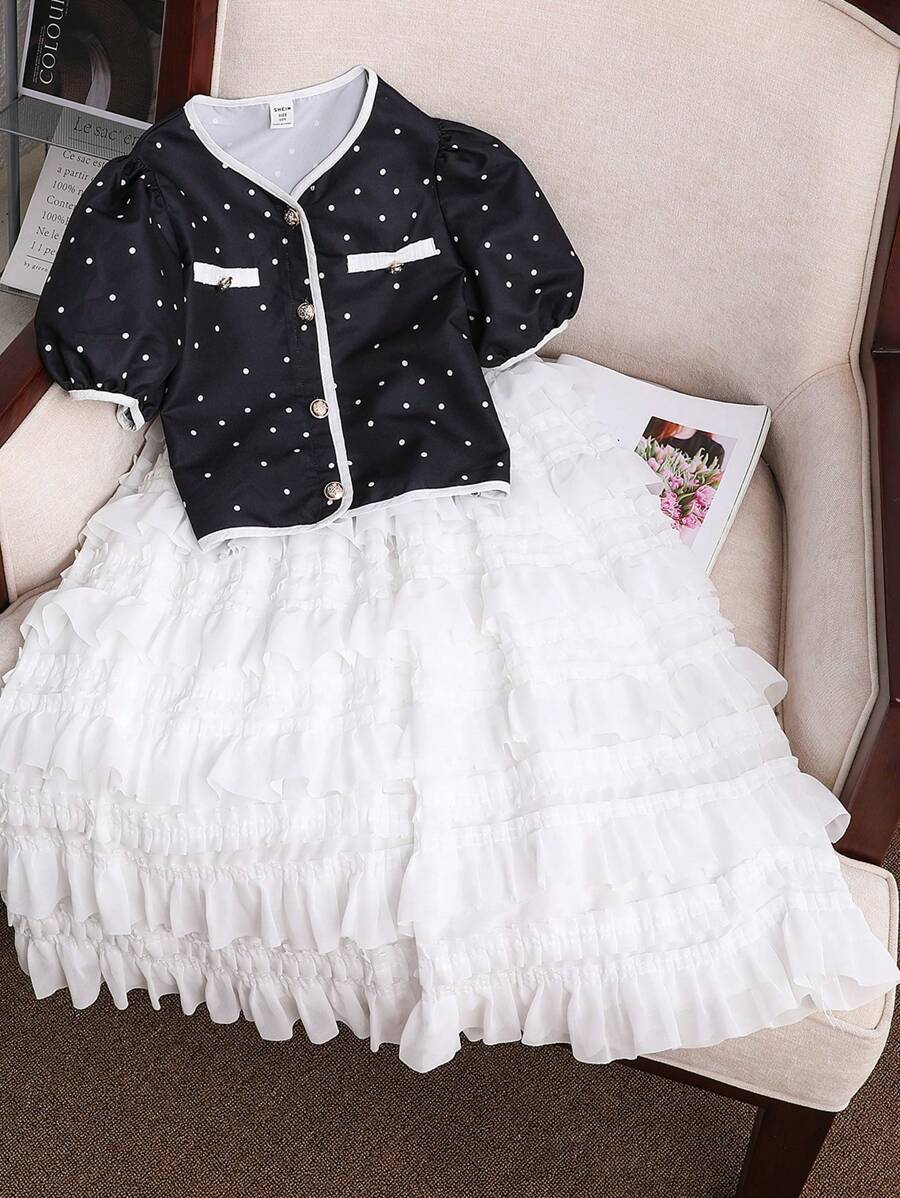 SHEIN 少女色塊波點V領休閒優雅簡約波點短袖上衣和純色裙子套裝 - 彩色 - 查看 1