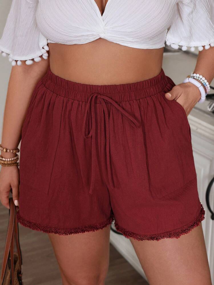 Plus Size Red Vacation Shorts With Pocket And Tassel Decoration For Women