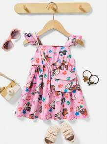 We Bare Bears X SHEIN Baby Girl Cap Sleeve Dress With Attached Bag - Pink - View 1