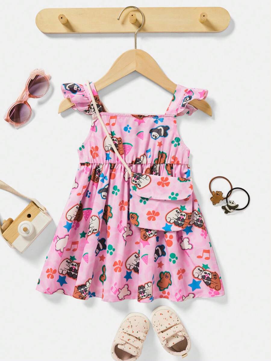 We Bare Bears X SHEIN Baby Girl Cap Sleeve Dress With Attached Bag - Pink - View 1