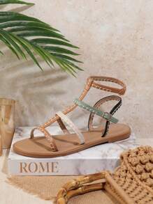 SHUZIA Ladies' Color Block Casual Flat Sandals Summer Shoes Spring Shoes Spring Break Easter Vacation Shoes Casual Shoes Beach Shoes Mother's Day Present - Khaki - View 2