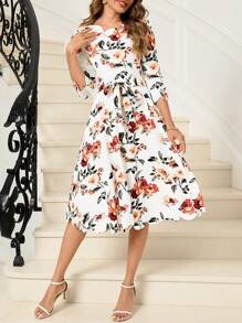 SHEIN Clasi Đầm Kèn Trumpet Slim-Fit In Hình Viền Sò Điệp Cho Nữ (Có Thắt Lưng) - Nhiều màu - Xem 4