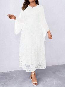 Plus Size Lace Patchwork Flare Sleeve Dress Maxi Women Outfit Fall Cloth For Women - White - View 4