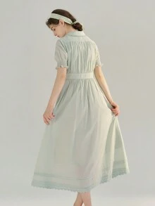 Simple Retro 女性刺繡蕾絲褶皺v領長裙 - 薄荷綠 - 查看 2