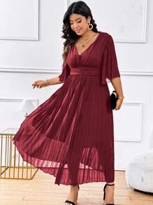 SHEIN Clasi 大尺碼V領褶皺連衣裙 - 酒紅色 - 查看 4
