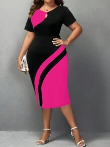 SHEIN Clasi Plus Size cổ tròn tương phản màu sắc mùa hè Váy ngắn tay thường ngày - Nhiều màu - Xem 4