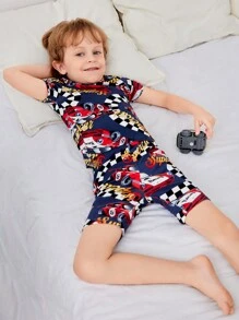 SHEIN Young Boy Snug Fit Race Letter Pattern Short Sleeve Shorts Knit Moisture-Wicking Breathable Home Pajamas Set, 2pcs - Black - View 3