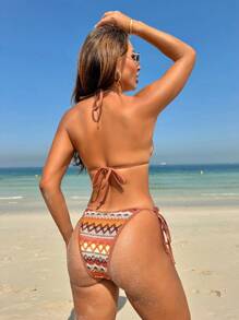 SHEIN Swim Conjunto de bikini con estampado geométrico de moda para mujer - Blanco - Ver 2
