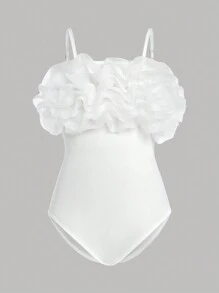 Sparklyn Tween Girl Elegant Tiered Mesh Ruffle Sleeve Bodysuit - White - View 1