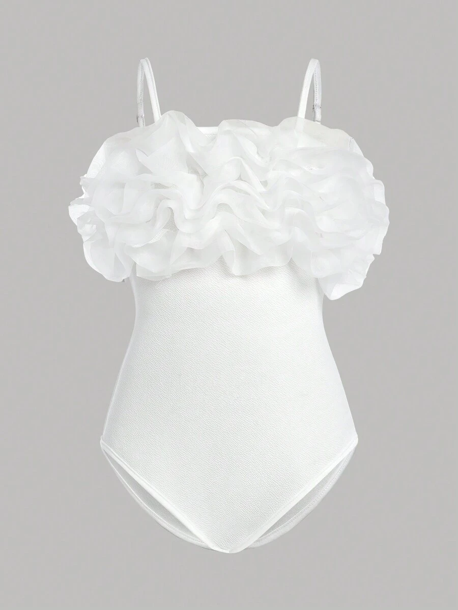 Sparklyn Tween Girl Elegant Tiered Mesh Ruffle Sleeve Bodysuit - White - View 1