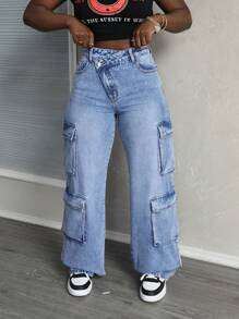 SHEIN Tall Jeans de mezclilla lavada con bolsillo utilitario y cintura asimétrica para mujeres