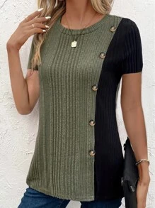 Women's Fashion Patchwork Button & Ribbed Short Sleeve T-Shirt, Summer Casual Vacation - Army Green - View 3