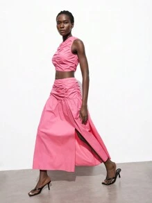 Maija 2pcs Outdoor Set For Women: Watermelon Pink Ruffle Trim Top + Pleated Skirt