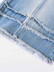 SHEIN Tween Boys'Summer Casual Vintage Washed Patchwork Rough Edges Loose Straight Leg Blue Denim Short,For Summer - Light Wash - View 6