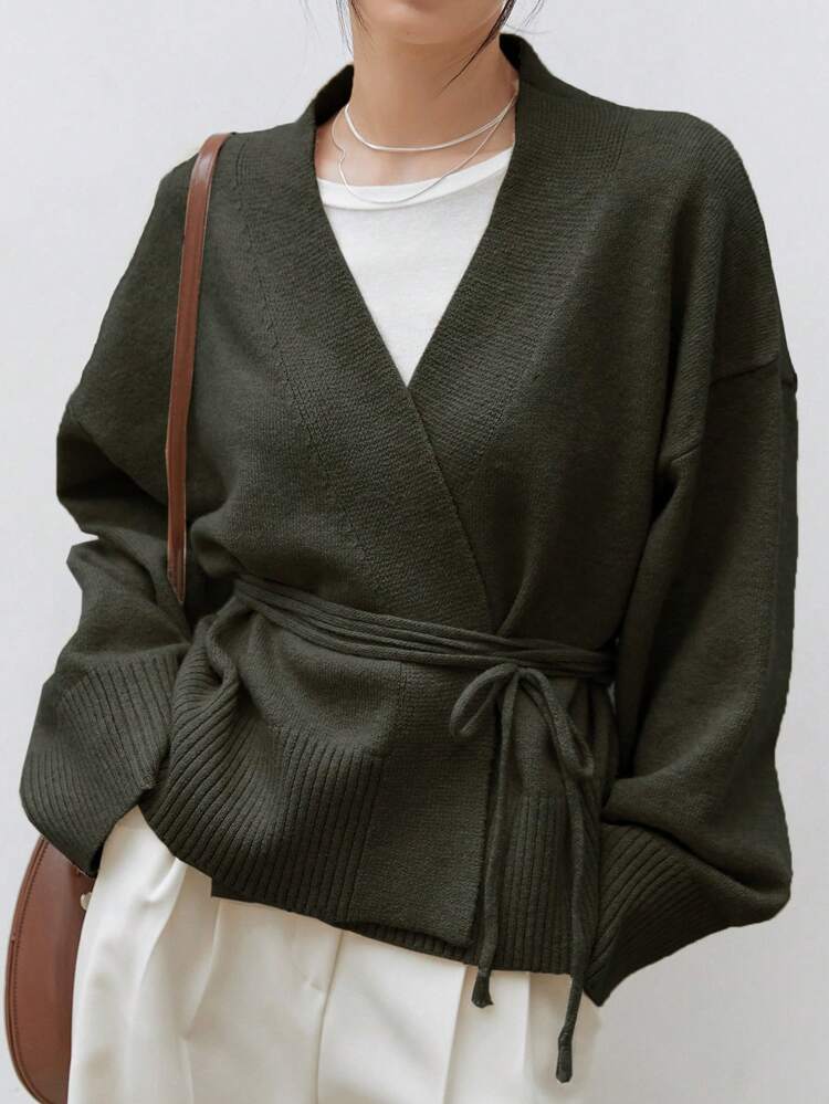 Drop Shoulder Belted Cardigan,Long Sleeve Tops Old Money Style Business Casual Woman Work Clothes