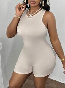 Slaydiva Bộ áo liền quần cổ tròn đơn giản, cỡ lớn dành cho nữ - Màu Khaki - Xem 1