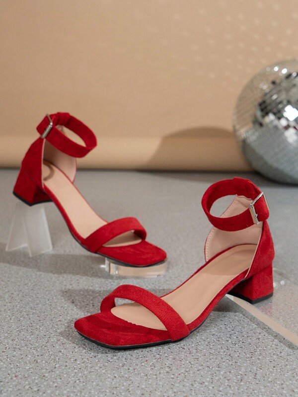 Women's Red High Heel Sandals With Peep Toe & Ankle Strap, Elegant Summer Faux Suede Chunky Heel Sandals
