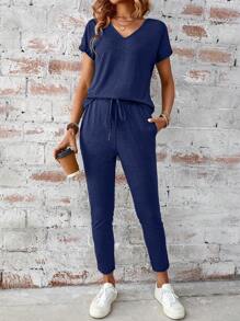 SHEIN LUNE Casual V-Neck Batwing Sleeve Summer Top And Pants Set For Women, Summer