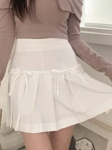 DAZY 女式纯色褶饰蝴蝶结腰带迷你裙秋季半身裙 - 白色 - 查看 7