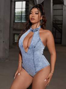 SHEIN ICON 特大號牛仔連身褲，街頭風性感無袖鑲空設計，頸掛式，藍色