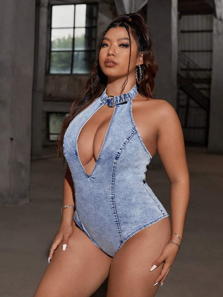 Plus Size Denim Jumpsuit, Street-Style Sexy Sleeveless Hollow-Out Design With Halter, Blue