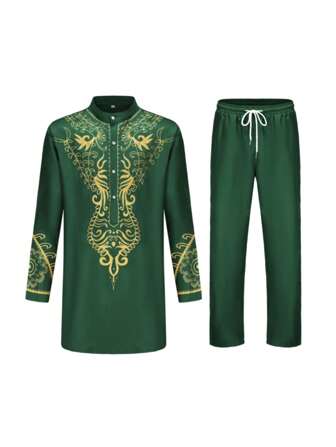 2pcs Men's Foil Print Stand Collar Long Sleeve Shirt & Solid Color Pants Set