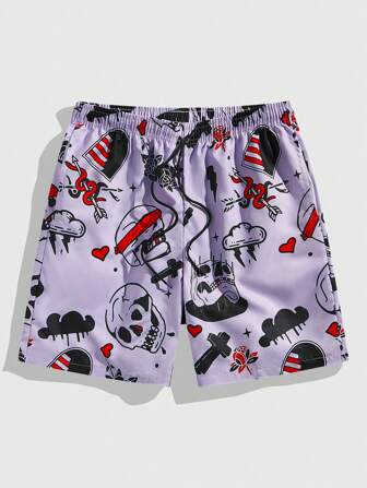 Street Life Shorts casuales para hombre con cintura ajustable y estampado de corazón con calavera