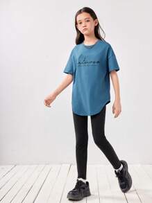 SHEIN Leap Crew 女大童標語圖案弧形下擺T恤和緊身褲 - 彩色 - 查看 5