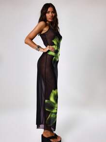 MUSERA Sexy Printed Sheer Mesh Maxi Dress Vacation Spring Sheer Floral Flower Boho Summer Wedding Guest Ibiza Holiday Beach Night Out Wedding Guest, Elegant, Date Night, Christmas, , Fall, Winter