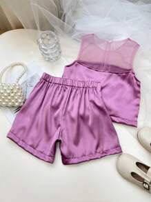 SHEIN 年轻女孩法式时尚撞色网眼无袖上衣和宽松短裤，松紧腰带，适合表演、婚礼、派对、生日、夏季 - 紫色 - 查看 2