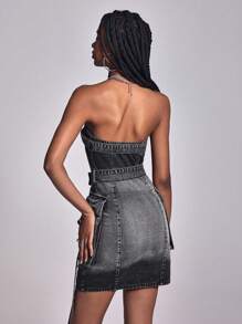 Ladies' Simple Solid-Colored Denim Suspenders Dress For Daily Wear - Grey - View 3
