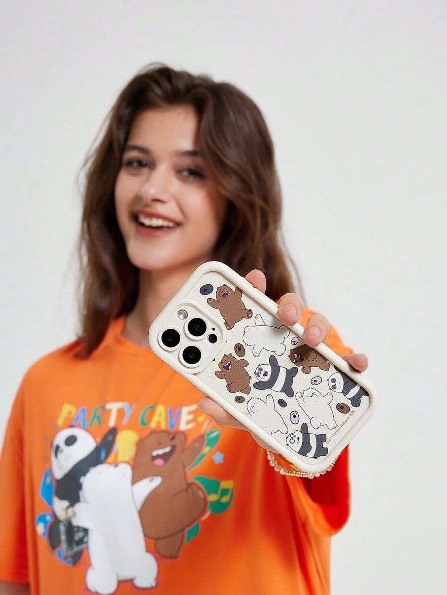 Cartoon Bear And Letter Pattern Beige Phone Case,Compatible With IPhone - Beige - View 1