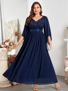Plus Deep V Neck Contrast Sequin Lace Butterfly Sleeve Chiffon Prom Long Dress - Navy Blue - View 5