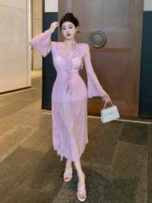 DAZY Flocked Raised Pattern V-Neck Long Sleeve Dress For Women, Autumn Sexy High Slit Dress,Ruffle