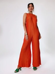 MUSERA Plisse Wide Leg Jumpsuit Elegant Graduation Prom Wedding Guest Summer Spring Holiday - Orange - View 4