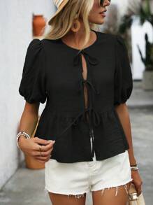 SHEIN LUNE Áo Sơ Mi Nữ Cổ Tròn Màu Trơn Ruffle Viền Áo Sơ Mi Ngắn Tay Thường Ngày Cho Mùa Hè - màu đen - Xem 6